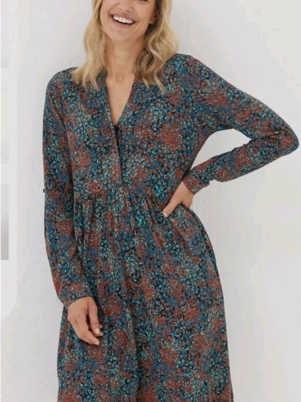 Women’s Teal and Brown Floral Long Sleeve Dress